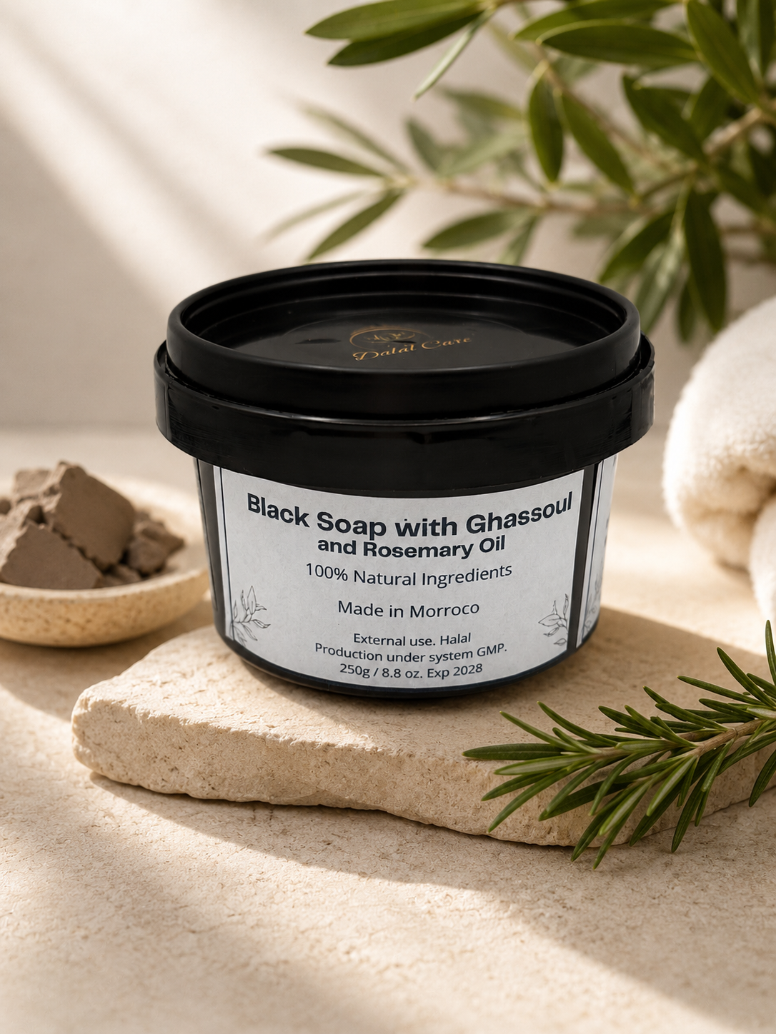 Morrocan Black Soap with Ghassoul and Rosemary Oil.