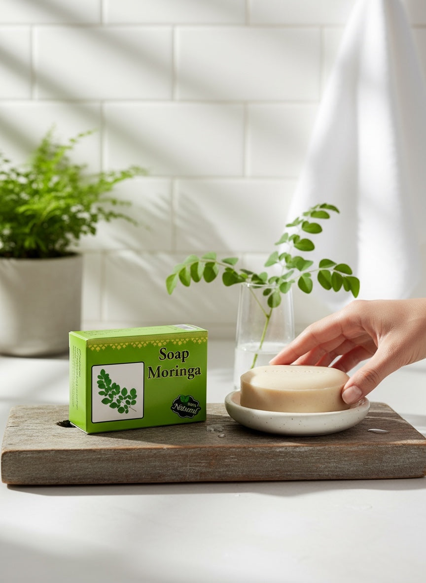Bar of soap with a green box labeled 'Soap Moringa' on a wooden tray, with a hand reaching for the soap.