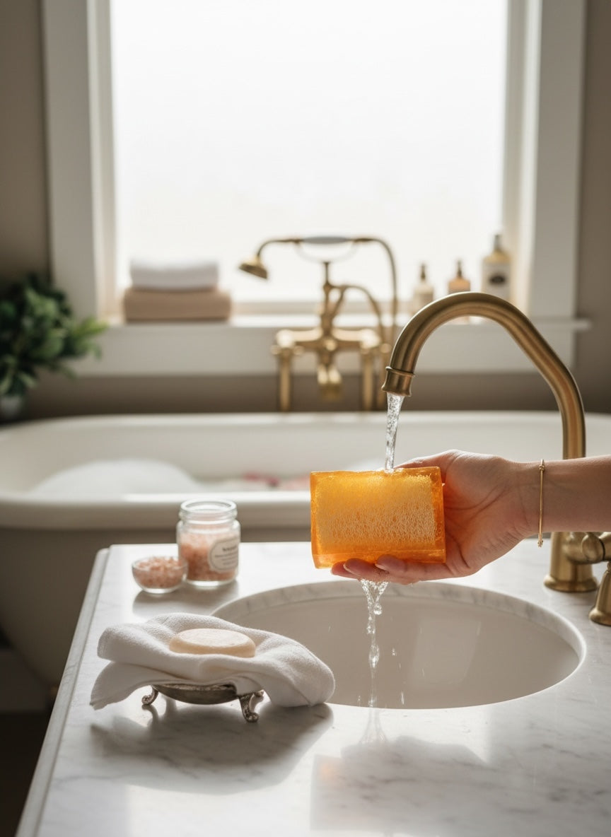 Hand washing a bar of soap under running water in a bathroom setting.