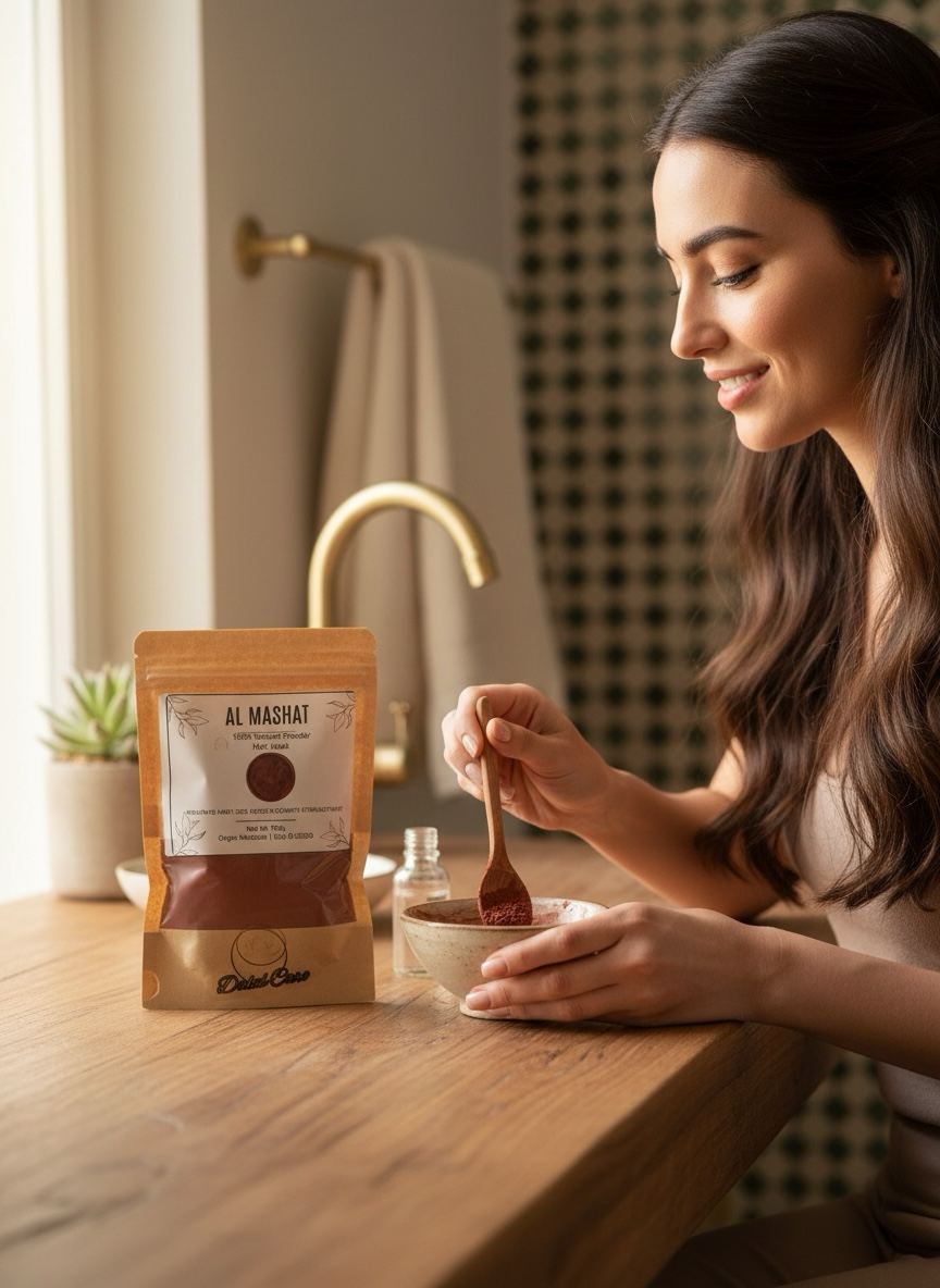 Bellanisa Al Mashat 100% natural powder hair mask, brown powder in a bowl being mixed by a woman.