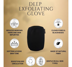 Bellanisa black deep exfoliating glove made of natural fiber for skin rejuvenation, pore clearing, and ingrown hair reduction.