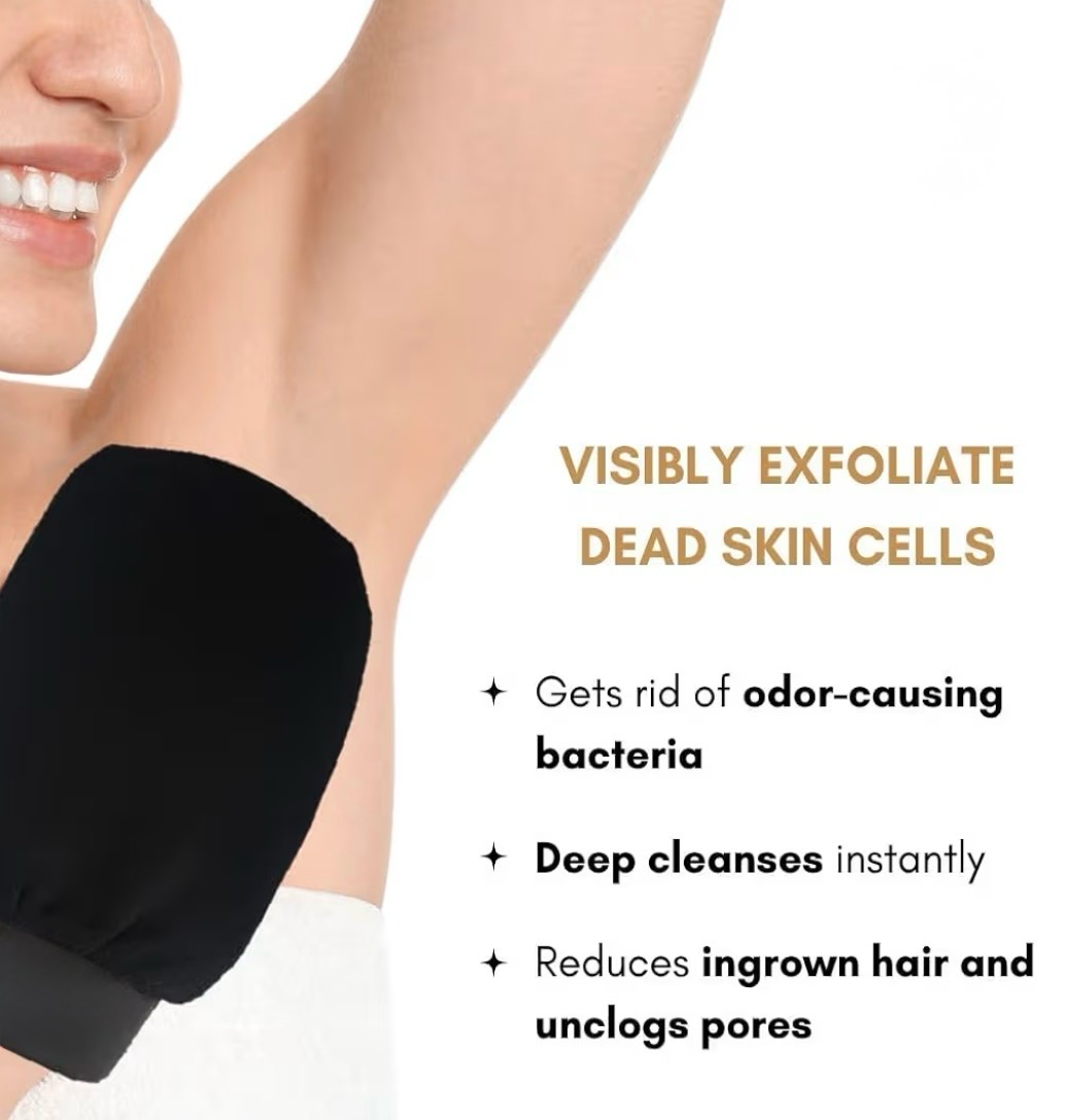 Bellanisa black deep exfoliating glove made from natural fiber for skin cleansing and rejuvenation.