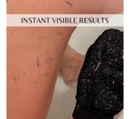 Bellanisa black deep exfoliating glove made from natural fiber, showing instant visible results of dead skin removal.