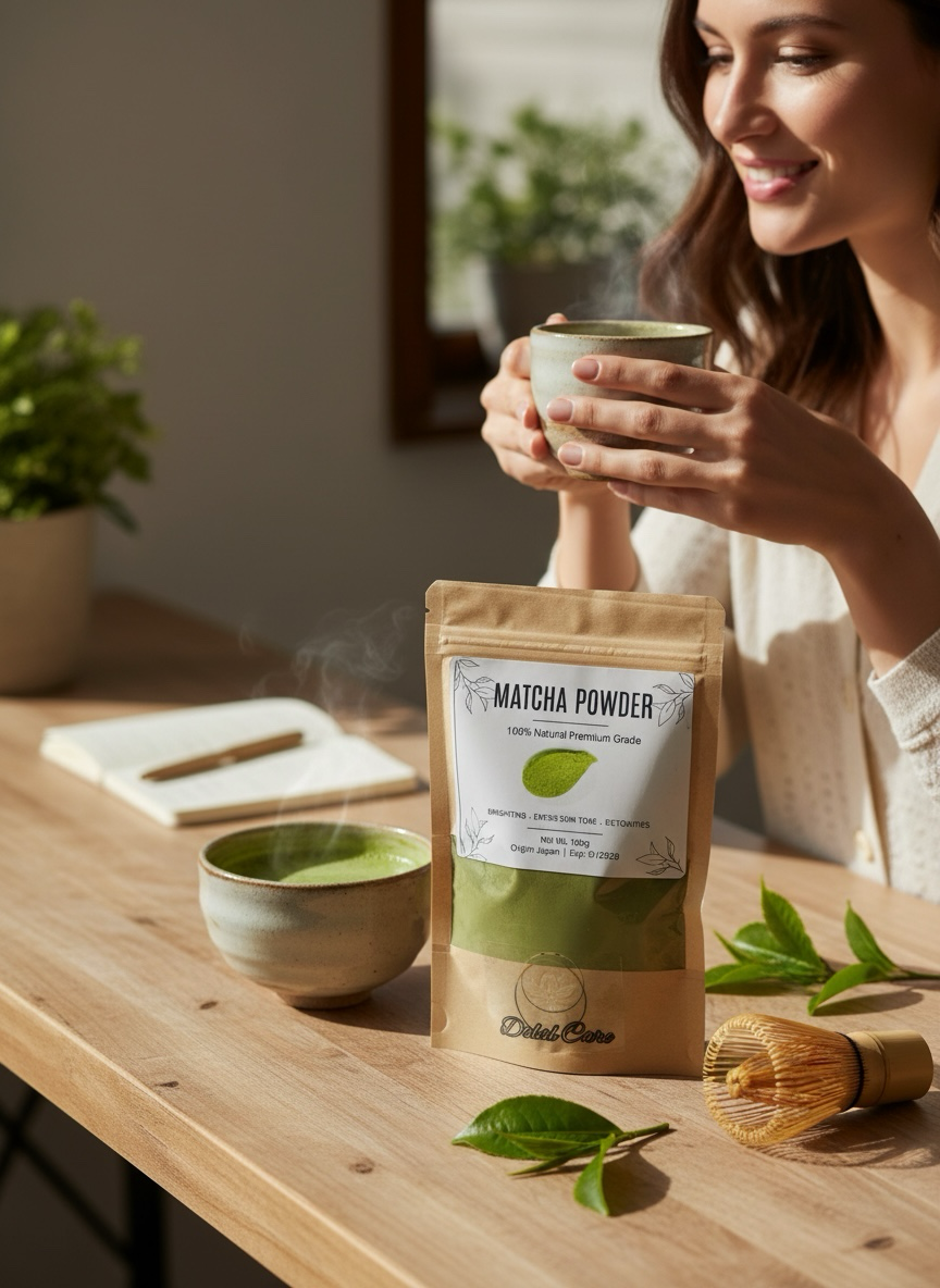 Bellanisa 100% Natural Premium Grade Matcha Powder beverage in a ceramic cup, with a pouch of matcha powder and a whisk on a wooden table.