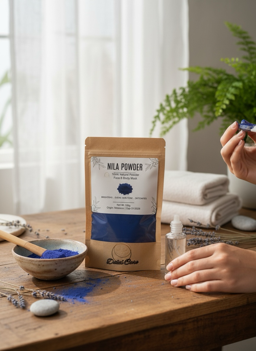 Bellanisa Nila Powder Face and Body Mask, 100% natural indigo powder for skin brightening and detoxifying. Blue powder in pouch and bowl.