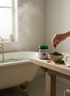 Bellanisa Olive Oil Bath Soap, a natural exfoliating body scrub in a jar and bowl, next to a spa bath.