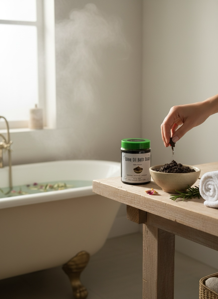 Bellanisa Olive Oil Bath Soap, a natural exfoliating body scrub in a jar and bowl, next to a spa bath.