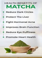 Health benefits of matcha listed on a white background with green powder and leaves.
