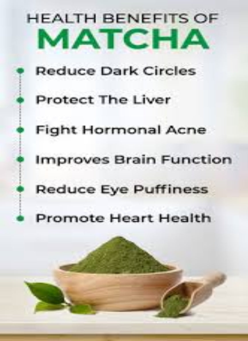 Health benefits of matcha listed on a white background with green powder and leaves.