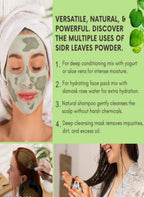 Person applying a green face mask with text about Sidr Leaves Powder's uses on a green background.